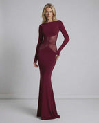Bordeaux Maxi Dress showcasing sheer mesh waist panel, long sleeves, and sleek silhouette from Lauven.