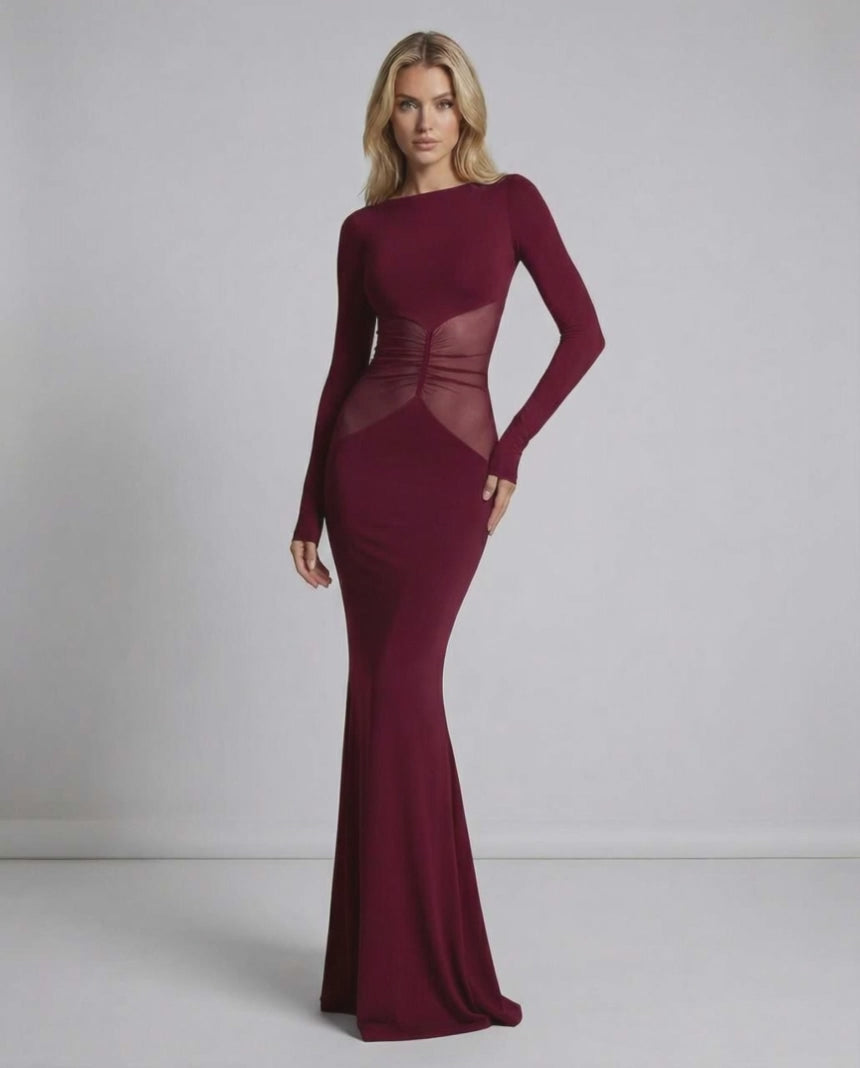 Bordeaux Maxi Dress showcasing sheer mesh waist panel, long sleeves, and sleek silhouette from Lauven.