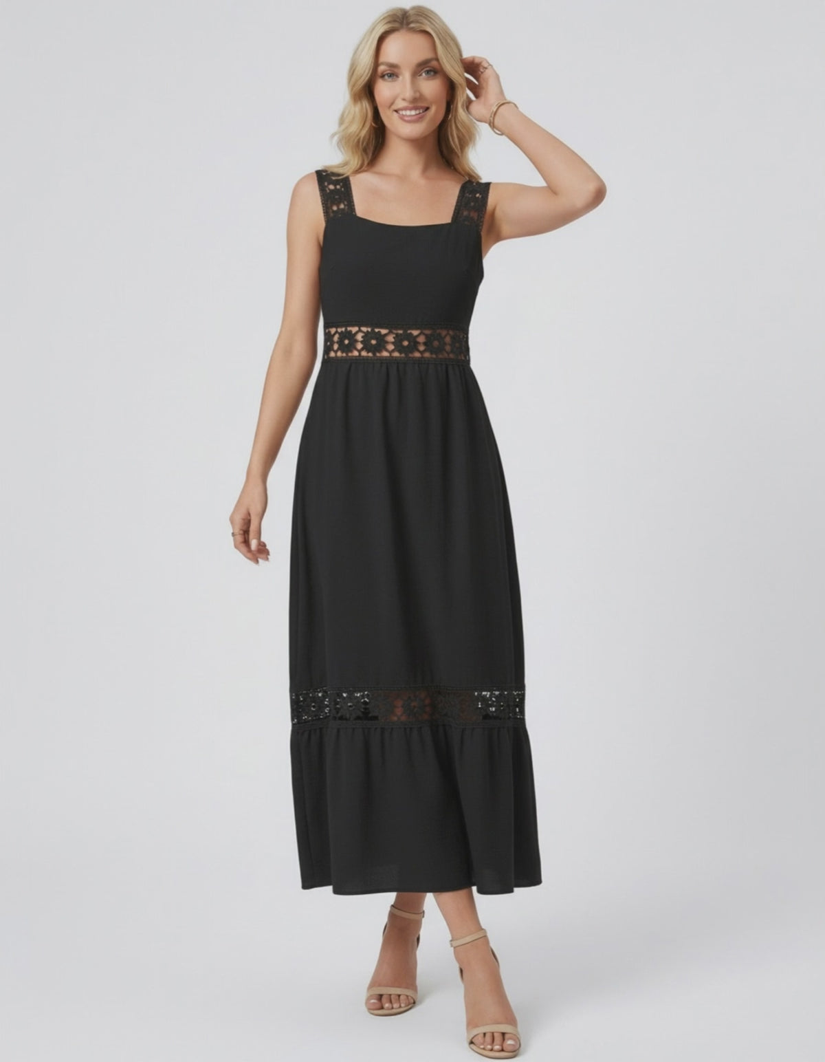 Celeste Midi Dress by Lauven featuring elegant lace insets for a chic, contemporary silhouette.