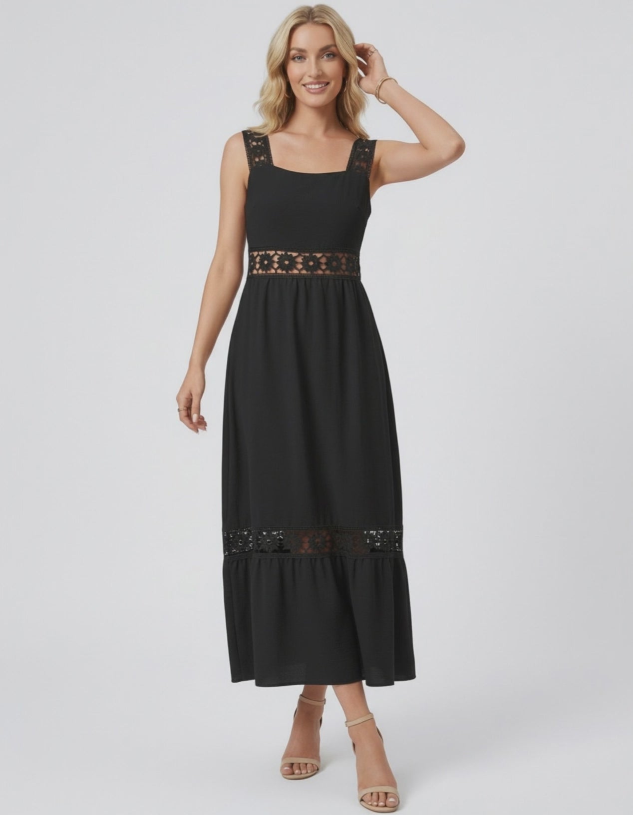 Celeste Midi Dress by Lauven featuring elegant lace insets for a chic, contemporary silhouette.