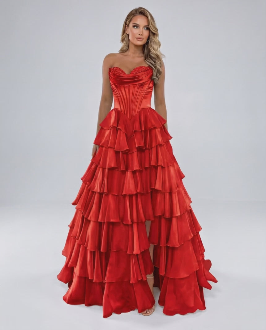 Seraphine Maxi Dress by Lauven — satin chiffon sleeveless sweetheart tiered A-line maxi dress