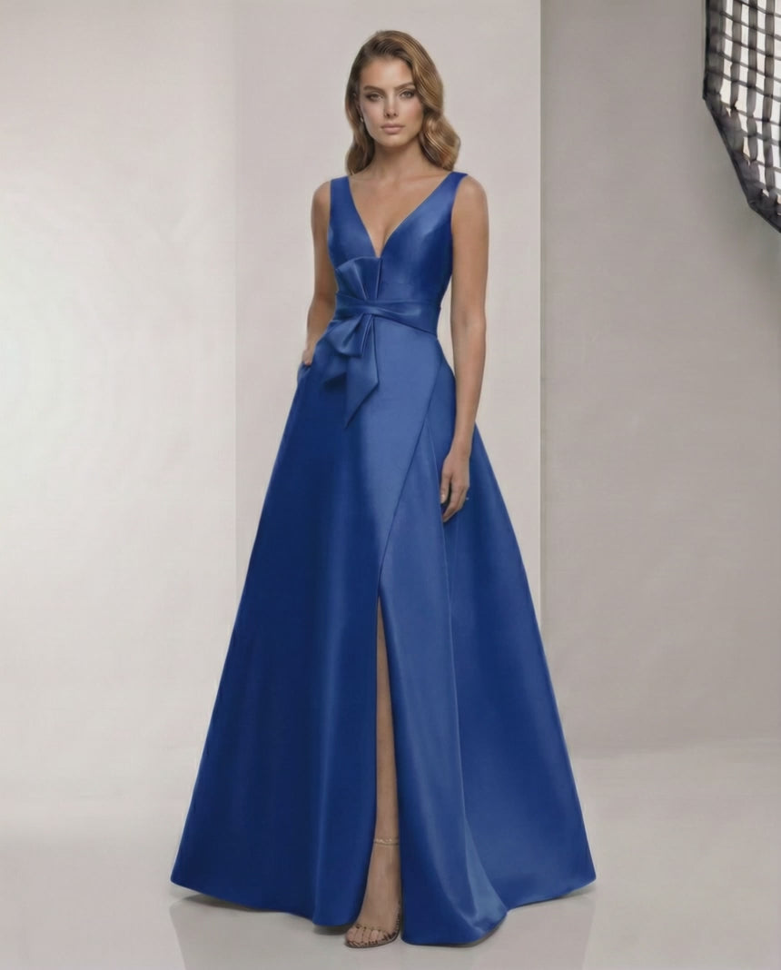 Caspia Maxi Dress – Elegant blue satin A-Line design with wrap slit, bow waist by Lauven.