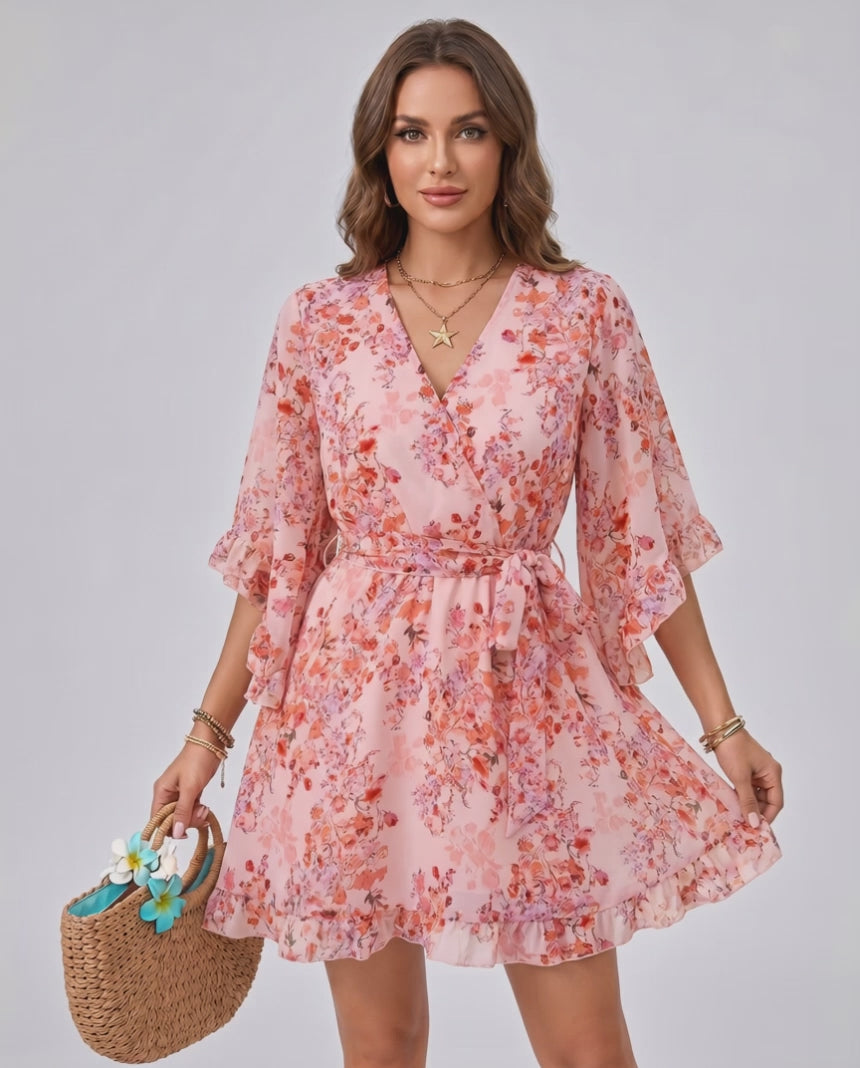Florisse Mini Dress by Lauven — chiffon long flare sleeve V-neck A-line mini dress