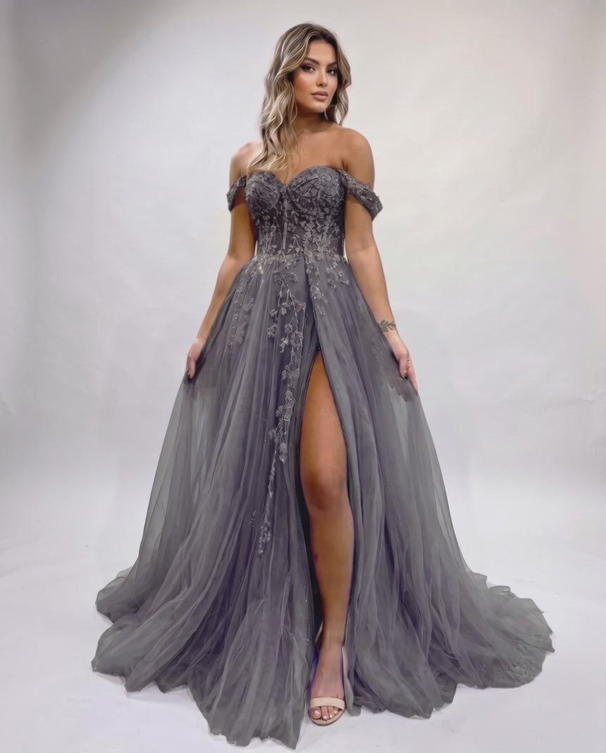Celestia Maxi Dress by Lauven — tulle lace off-shoulder sweetheart A-line maxi dress