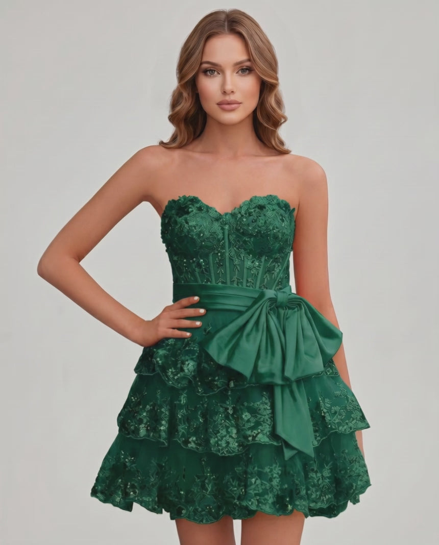 Veloura Mini Dress by Lauven — lace appliqué strapless sweetheart tiered mini dress