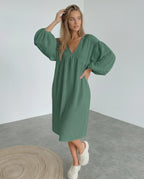 Verona Midi Dress – Green cotton midi dress with puff sleeves, modern elegance by Lauven.