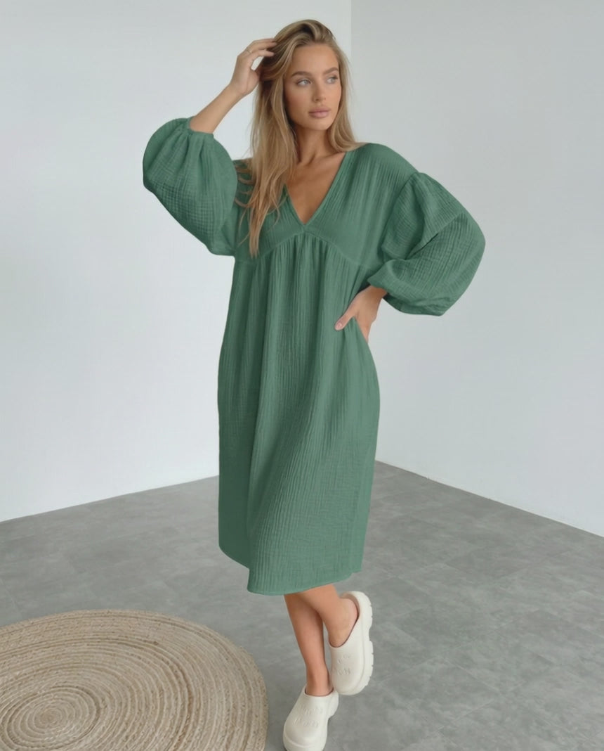 Verona Midi Dress – Green cotton midi dress with puff sleeves, modern elegance by Lauven.