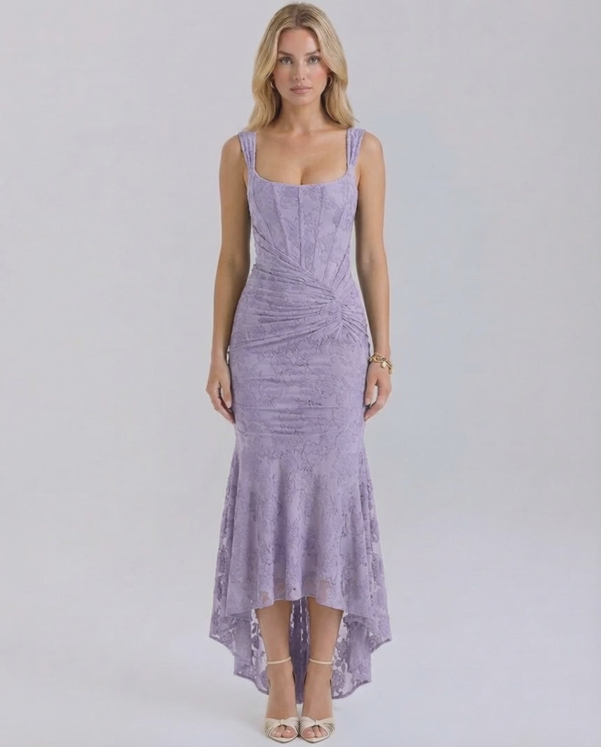 Iris Maxi Dress by Lauven in soft lavender with square collar and asymmetric hem.
