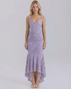 Iris Maxi Dress by Lauven in soft lavender with square collar and asymmetric hem.