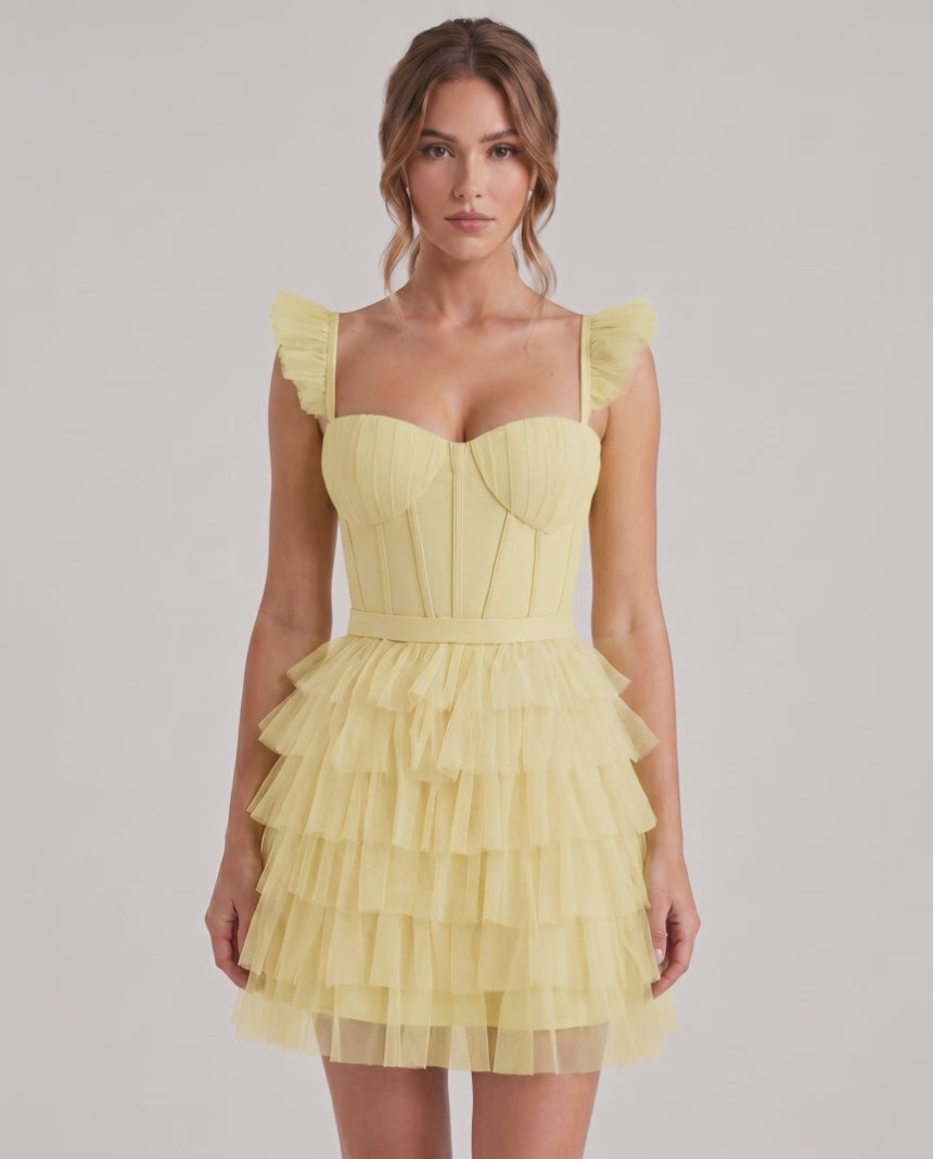 Celestia Mini Dress by Lauven — layered tulle sweetheart A-line mini dress with spaghetti straps