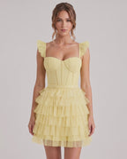Celestia Mini Dress by Lauven — layered tulle sweetheart A-line mini dress with spaghetti straps