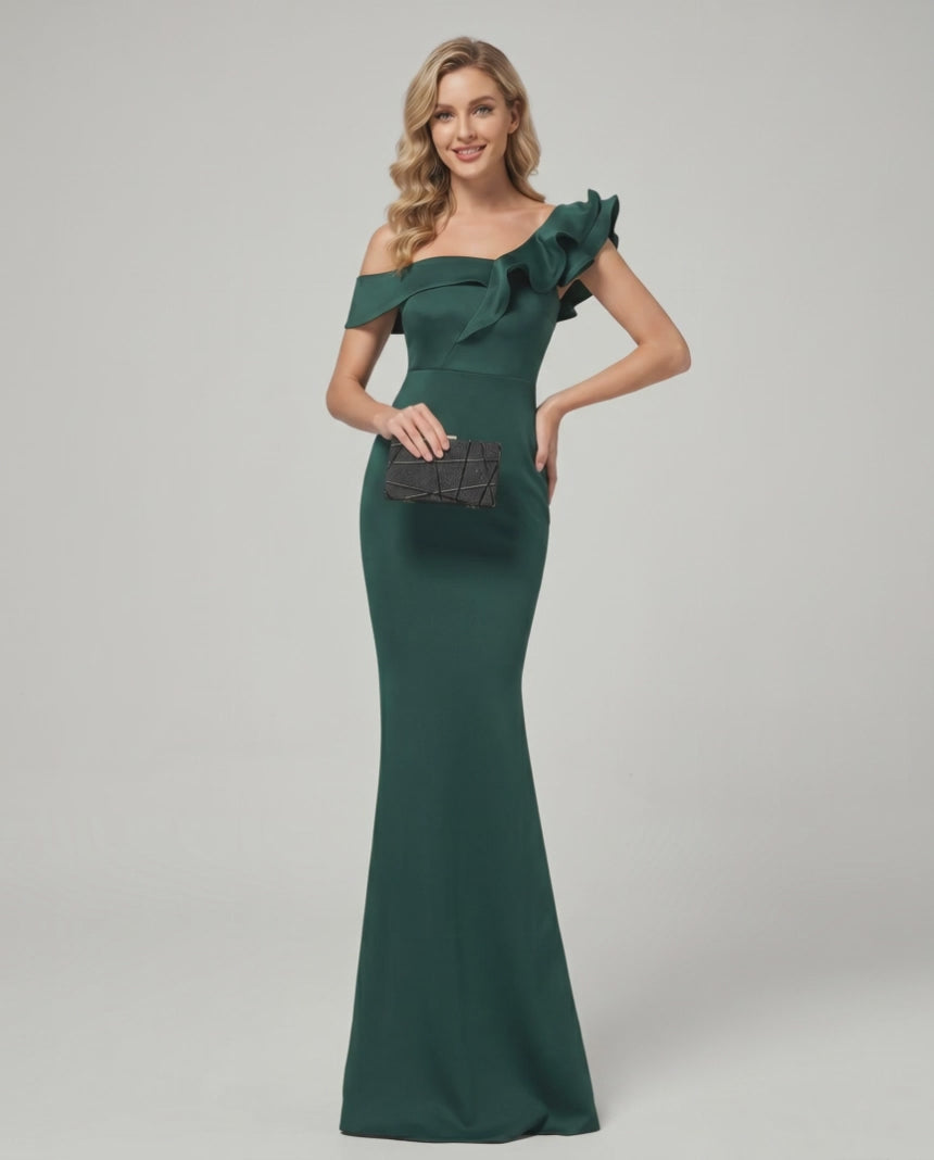 Velmora Maxi Dress - Off-Shoulder, Mermaid Silhouette, Asymmetrical Ruffle, by Lauven, Elegant and Structured Fit