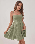 Solara Mini Dress by Lauven — textured sleeveless square neck tiered swing mini dress