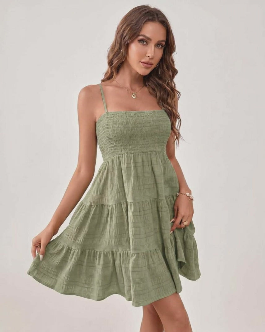 Solara Mini Dress by Lauven — textured sleeveless square neck tiered swing mini dress
