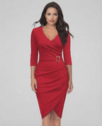 Vega Midi Dress by Lauven - striking red V-neck sheath dress with belted waist and three-quarter sleeves.