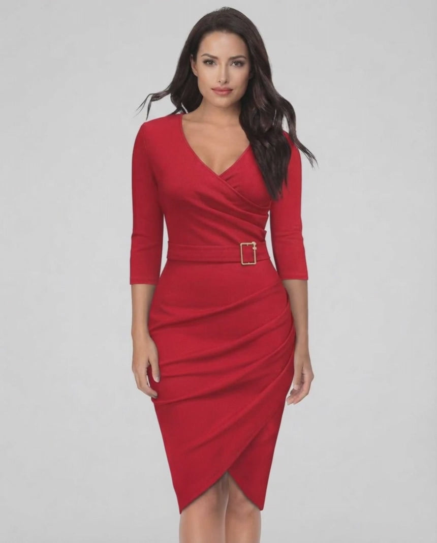 Vega Midi Dress by Lauven - striking red V-neck sheath dress with belted waist and three-quarter sleeves.