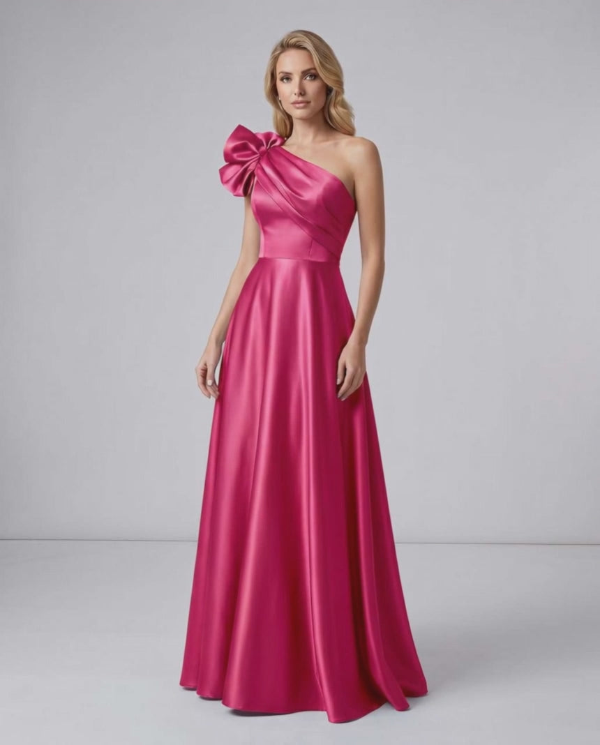 Aurevina Maxi Dress by Lauven — satin one shoulder A-line maxi dress with ruffle detail