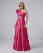 Aurevina Maxi Dress by Lauven — satin one shoulder A-line maxi dress with ruffle detail