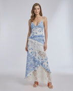 Azure Maxi Dress with floral lace, ruffle V-neck design, by Lauven, in soft blue and ivory for an elegant look.