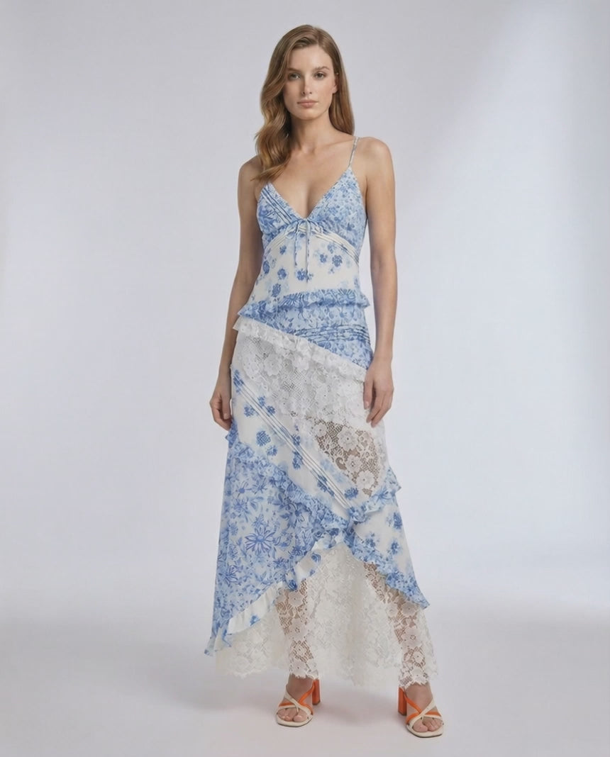 Azure Maxi Dress with floral lace, ruffle V-neck design, by Lauven, in soft blue and ivory for an elegant look.