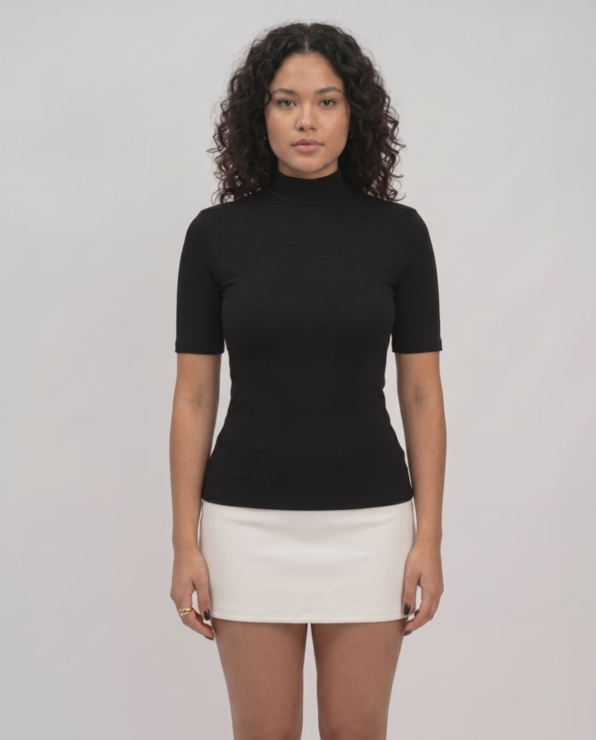 Margot Mini Dress by Lauven — cotton blend short sleeve turtleneck fitted mini dress