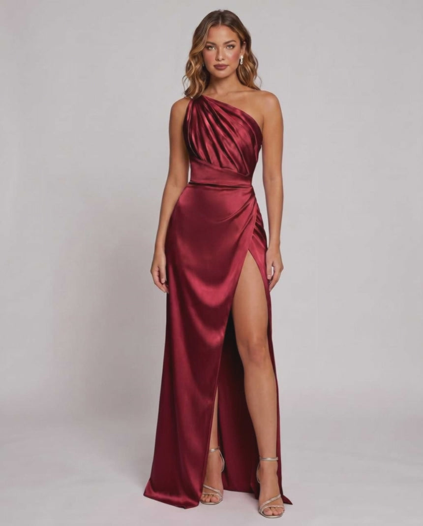 Veloura Maxi Dress by Lauven — satin one-shoulder mermaid maxi dress with slit