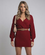 Celeste Mini Dress by Lauven, elegant high waist bodycon knit dress in rich burgundy with deep V-neckline.