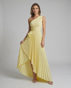 Aureline Maxi Dress by Lauven — pleated satin one shoulder A-line maxi dress with ruffle slit