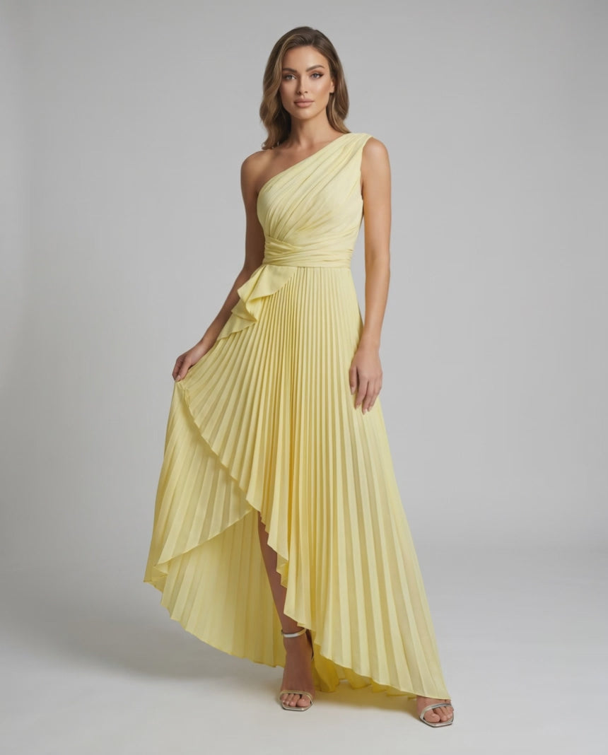 Aureline Maxi Dress by Lauven — pleated satin one shoulder A-line maxi dress with ruffle slit