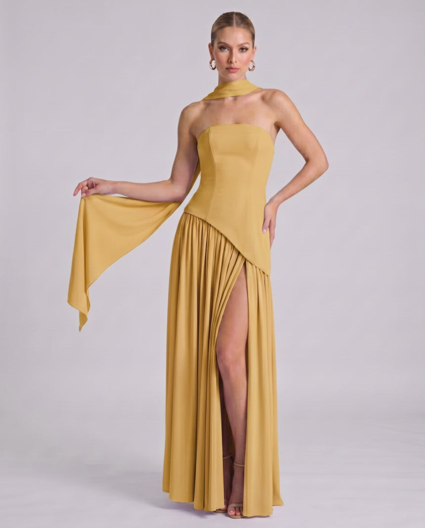Aureline Maxi Dress by Lauven — chiffon strapless halter pleated maxi dress with slit