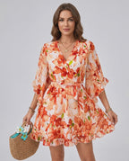 Florisse Mini Dress by Lauven — chiffon long flare sleeve V-neck A-line mini dress