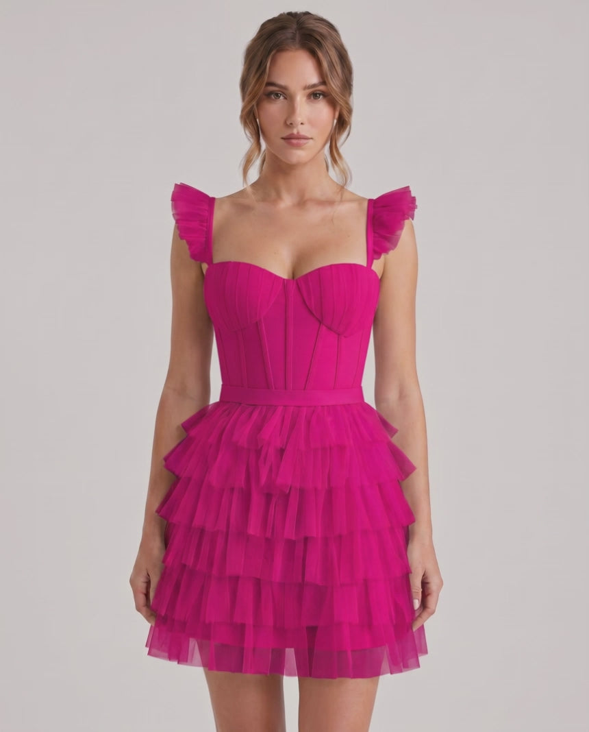 Celestia Mini Dress by Lauven — layered tulle sweetheart A-line mini dress with spaghetti straps