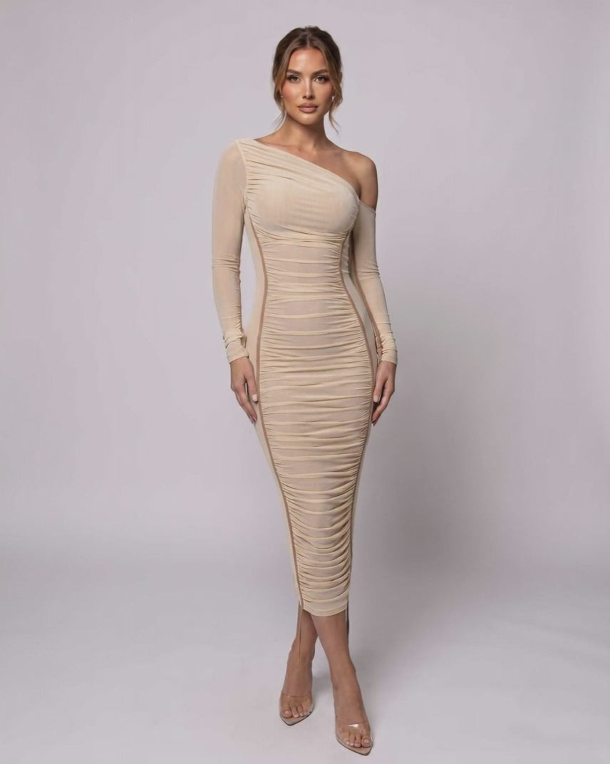 Veloura Midi Dress by Lauven — one shoulder long sleeve ruched bodycon midi dress