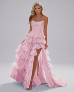 Celestia Maxi Dress by Lauven — organza strapless corset tiered maxi dress