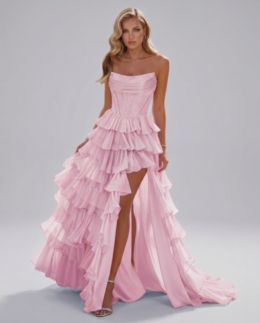 Celestia Maxi Dress by Lauven — organza strapless corset tiered maxi dress