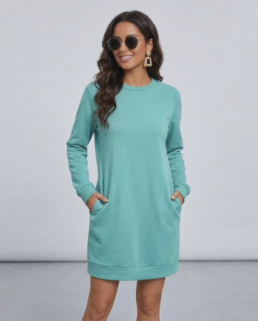 Luna Mini Dress by Lauven, casual O neck long sleeve sweatshirt dress in aqua with pockets.