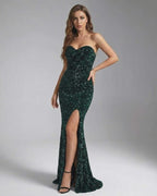 Emerald Maxi Dress by Lauven, green sequin strapless dress with elegant silhouette and high slit.