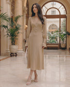 Selene Midi Dress by Lauven, elegant polyester design, V-neckline, lantern sleeves, refined occasion wear