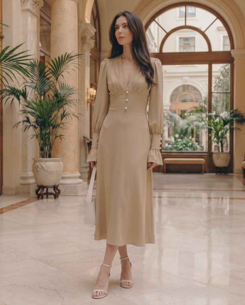 Selene Midi Dress by Lauven, elegant polyester design, V-neckline, lantern sleeves, refined occasion wear