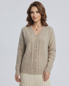 Marin Cardigan by Lauven - Cozy beige knitwear with button-down front and v-neckline for stylish layering.