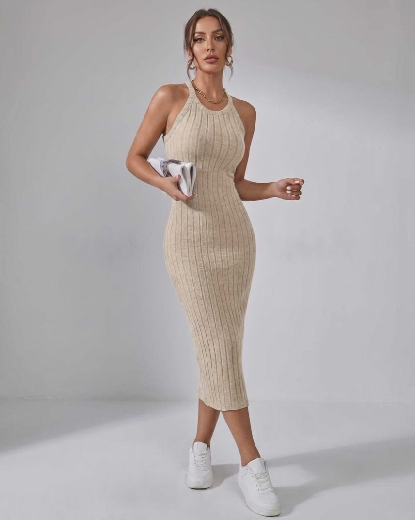 Lunara Midi Dress by Lauven — ribbed knit sleeveless crew neck slim-fit midi dress
