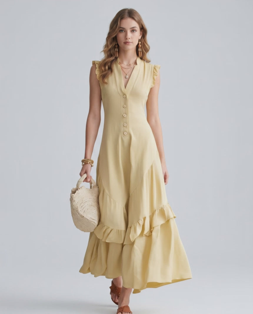 Seralyn Maxi Dress by Lauven — chiffon blend sleeveless V-neck A-line maxi dress
