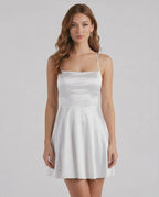 Silver Satin Mini dress by Lauven featuring a smooth satin finish and flattering A-line silhouette.