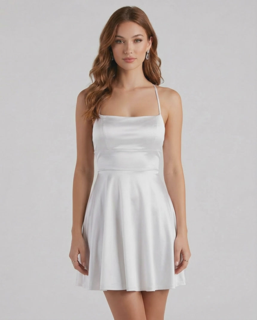 Silver Satin Mini dress by Lauven featuring a smooth satin finish and flattering A-line silhouette.