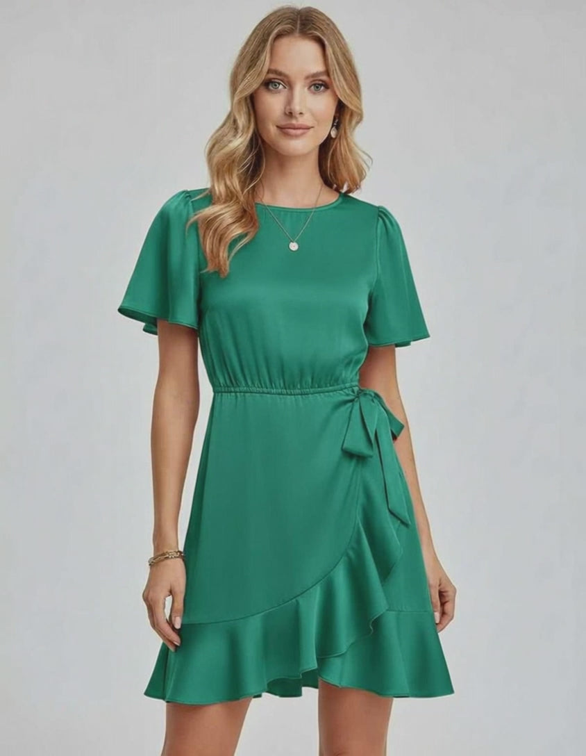 Lauven Selene Mini Dress in emerald green with ruffle detailing and tie waist for a chic summer look.