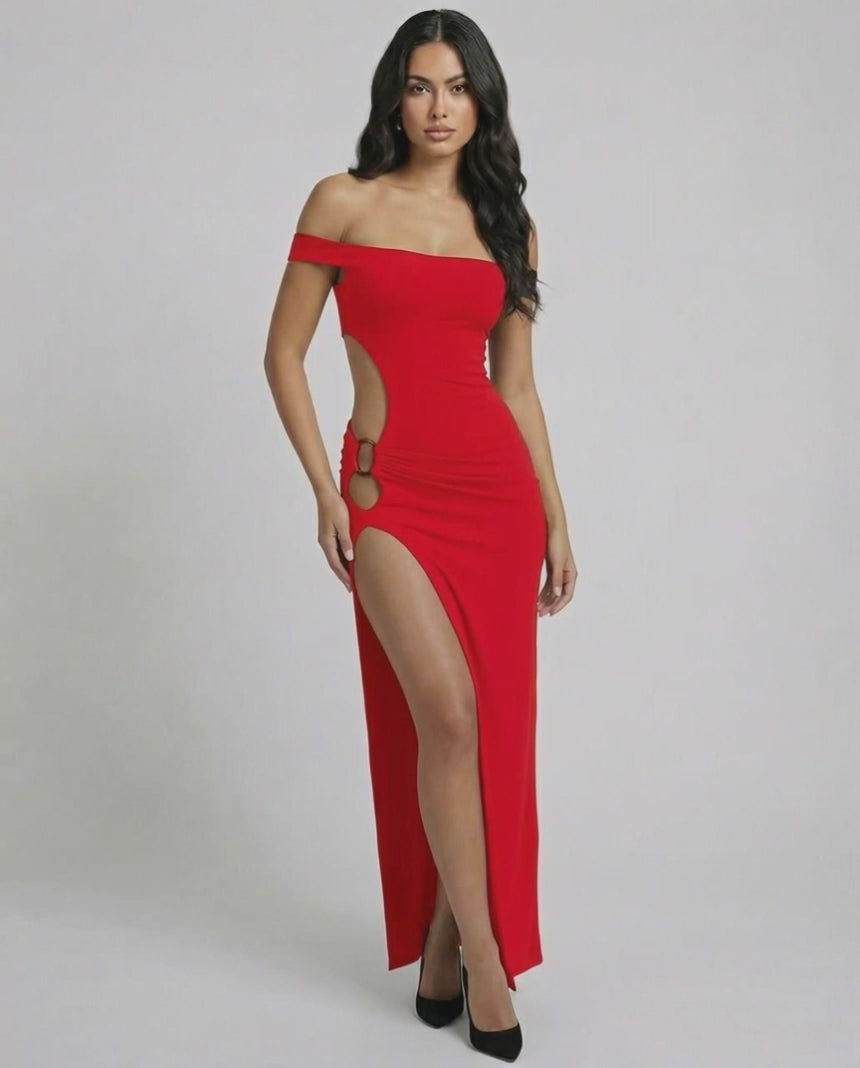 Crimsom Maxi Dress by Lauven, elegant red off-shoulder evening gown with figure-skimming design and high slit.