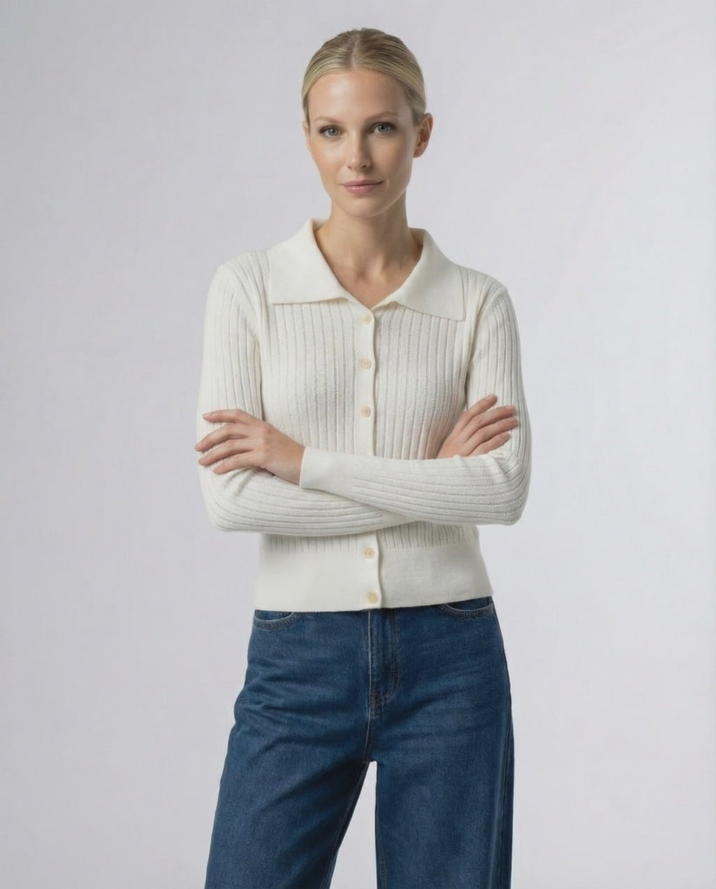 Sienna Cardigan by Lauven, a refined women’s button front knit cardigan sweater in white.