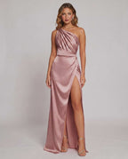 Veloura Maxi Dress by Lauven — satin one-shoulder mermaid maxi dress with slit