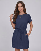 Aveline Mini Dress by Lauven — textured short sleeve round neck A-line mini dress with tie waist