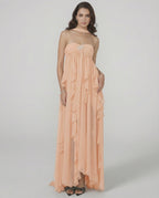 Peachira Maxi Dress by Lauven - Elegant strapless ankle-length gown with ruffles, showcasing a flowing silhouette.